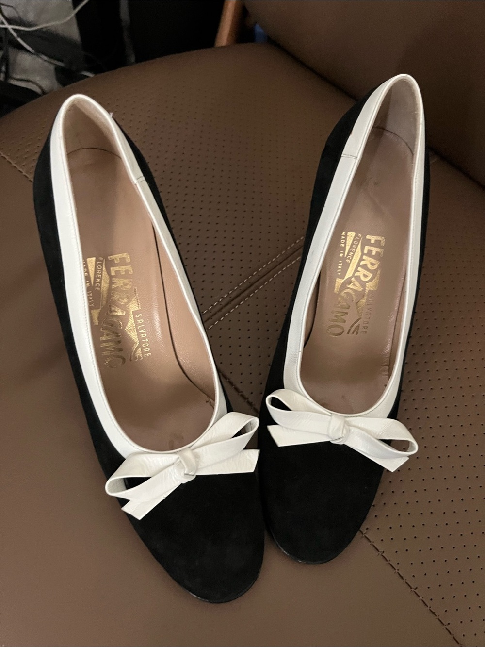 Salvatore Ferragamo Black Suede Pumps with White Bow Trim
